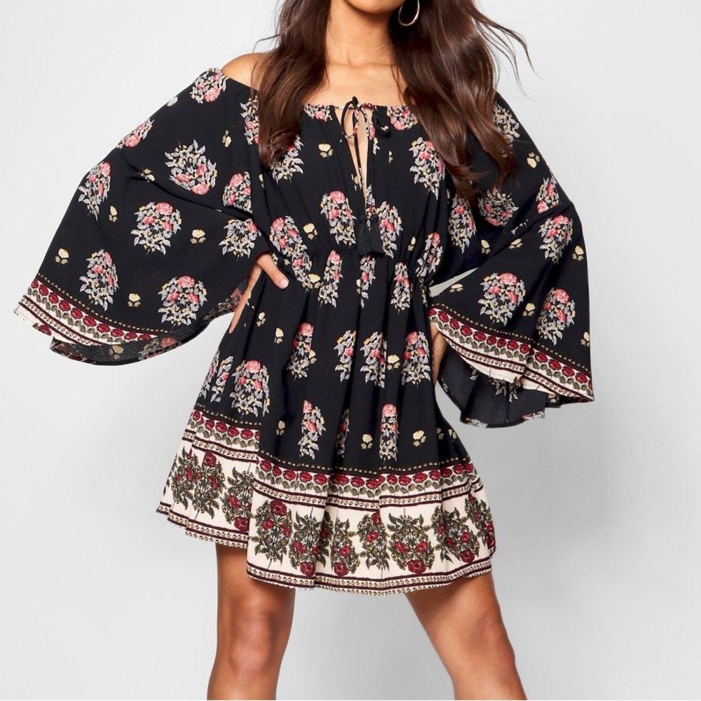 Zoe border off the shoulder skater dress
